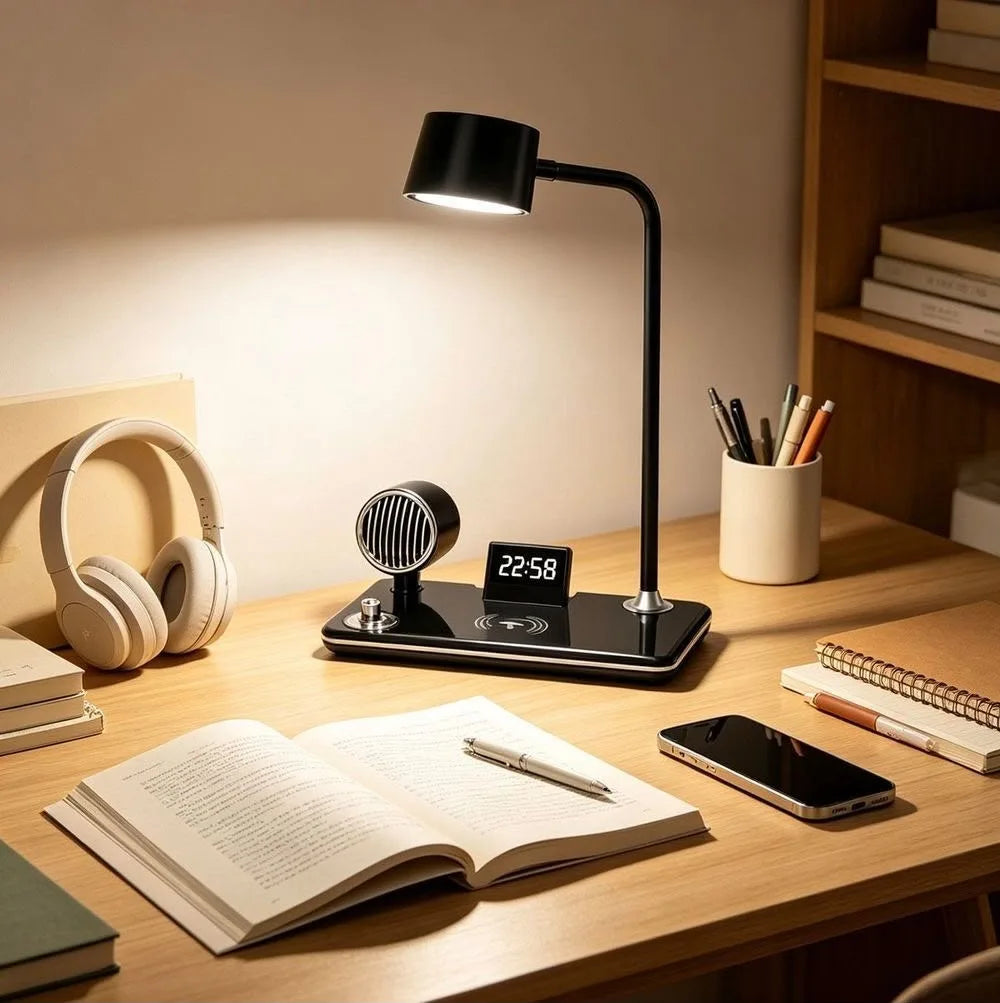 Lampada da scrivania mostrata con tre tonalità di illuminazione